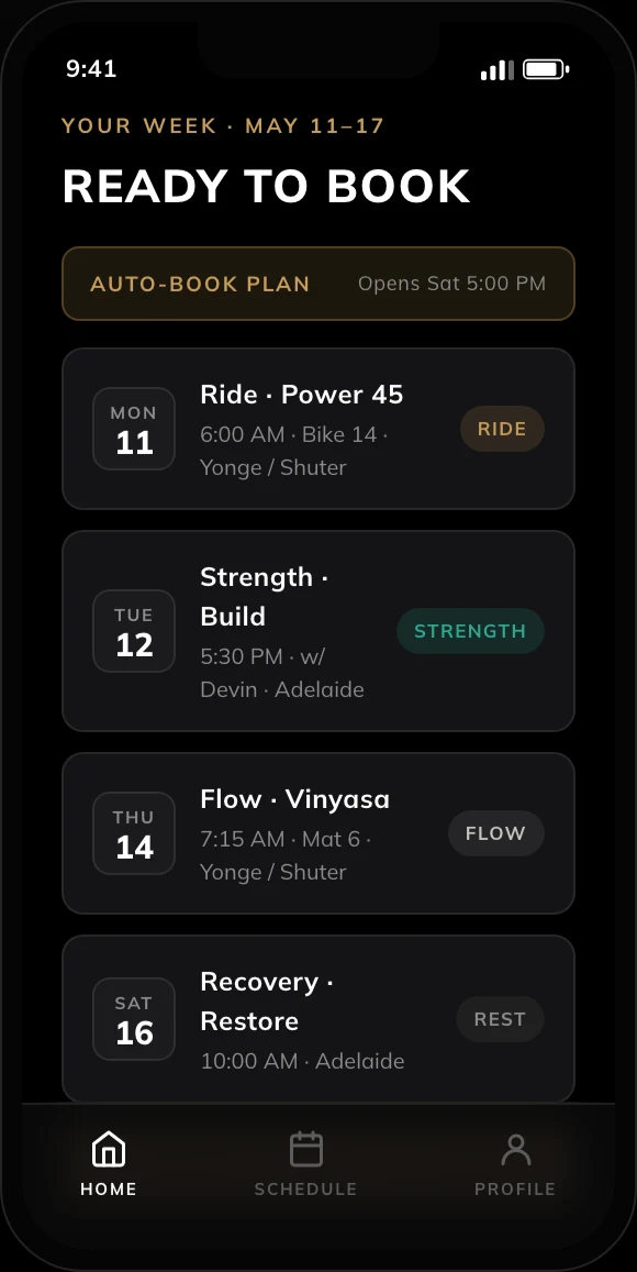 KYN AI app showing a member's week with an auto-book plan.
